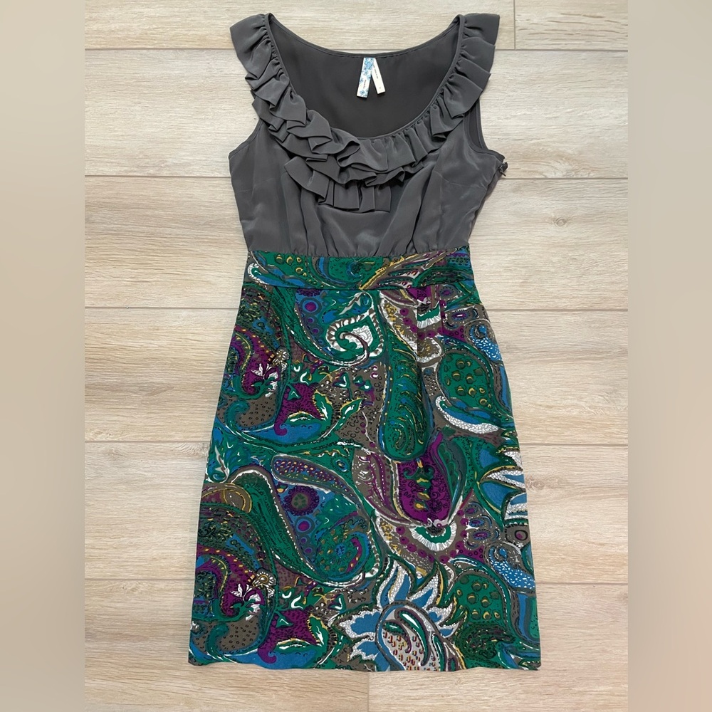 Anthropologie Maeve Gray silk bodice ruffle sleeveless dress size 0